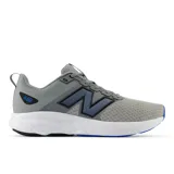 Championes grises de running, con detalles en azul y blanco.