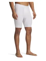 Calza corta de compresión Under Armour, color blanco, diseñada con tecnología HeatGear para mayor transpirabilidad y secado rápido. Presenta paneles de malla en la entrepierna para ventilación y cintura elástica con logo de la marca.
