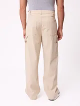 Pantalon recto de lona, color beige, con diseño de paneles reforzados en las piernas y cierre frontal con boton.