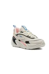 Championes deportivos Fila modelo RT Low para mujer, en color blanco con detalles en negro, rosado y celeste, con suela chunky y capellada combinada de malla y material sintético.