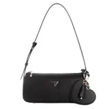 Cartera tipo baguette Guess modelo Isobel, color negro con textura granulada. Presenta cierre superior, correa ajustable para el hombro y un charm colgante en forma de corazón. Incluye logo triangular metálico en la parte frontal y herrajes dorados.