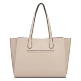 Cartera tipo tote Guess modelo Griffin, color beige, con textura granulada, doble asa de hombro y dije decorativo con forma de flores.