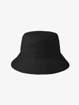 Sombrero tipo bucket negro de sarga de algodón, con cordón ajustable y etiqueta cuadrada tejida de la marca en el frente.
