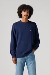 Sweater de punto color azul marino, con cuello redondo, manga larga y puños acanalados. Presenta el logo de la marca bordado en pequeño en el pecho.