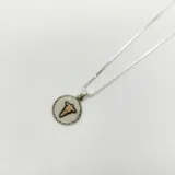 Collar con dije circular de plata con borde texturizado y símbolo de medicina (caduceo) en oro 9k en el centro, acompañado de una cadena de eslabones finos.