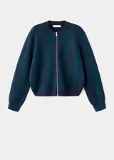 Cardigan de punto de corte recto y diseño a cuadros, con cuello redondo, manga larga y cierre frontal de cremallera doble.