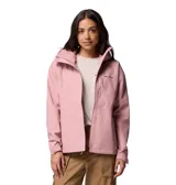 Campera impermeable Columbia modelo Hikebound II, color rosado, con capucha ajustable, cierre frontal con solapa, bolsillos con cremallera y tecnología Omni-Tech para mayor transpirabilidad y protección contra la lluvia.