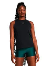 Musculosa deportiva Under Armour de corte holgado, color negro, con cuello redondo acanalado y sisas amplias. Presenta el logo de la marca estampado en el centro del pecho.