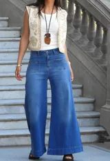 Jean de mujer color azul claro, de corte wide leg, con bolsillos delanteros de parche y bolsillos traseros.