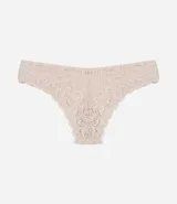 Bombacha de bikini color beige con encaje floral y moño decorativo.