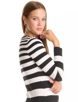 Buzo de tejido acanalado con diseño de rayas horizontales en color negro y beige, cuello redondo y manga larga.