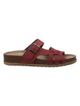 Sandalias de cuero color bordó, con diseño de tiras cruzadas en el empeine y una tira ajustable con hebilla metálica. Cuenta con plantilla acolchada y suela de corcho con base de goma antideslizante.