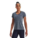 Remera deportiva Under Armour Tech Twist V-Neck color celeste jaspeado, de corte holgado, manga corta y cuello en V.