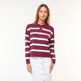 Sweater de punto elástico con cuello polo y cierre de botones, a rayas horizontales color bordó, blanco y azul marino.