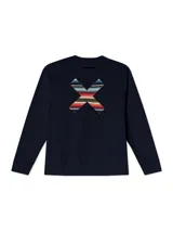 Buzo de cuello redondo color azul marino, con diseño de X bordada en la espalda con estampado étnico multicolor. Cuenta con el logo de la marca estampado en la parte superior de la espalda.