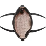 Cartera Guess modelo Keira en color negro, con diseño texturizado, doble asa superior y correa ajustable de tela con estampado de la marca en blanco y negro. Incluye un parche triangular con el logo de la marca en la parte frontal y herrajes metálicos plateados.