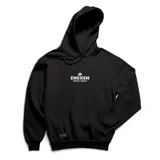 Canguro negro con capucha y bolsillo frontal tipo canguro. Presenta un estampado pequeño en el pecho con el logo de la marca Emexem y la frase Coffee Addict.
