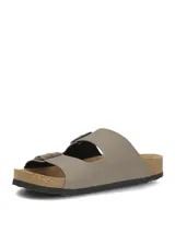 Sandalias estilo Birkenstock de color marrón claro, con dos tiras ajustables con hebillas metálicas, plantilla anatómica con efecto corcho y suela negra.