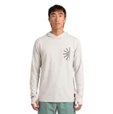 Remera manga larga de color blanco con capucha, corte regular y un pequeño estampado gráfico geométrico en el pecho.