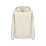 Campera con capucha color crema, con cierre frontal y bolsillos tipo canguro.