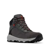 Bota de trekking Columbia modelo Newton Ridge, color gris oscuro con detalles en negro y cordones con toques naranjas. Presenta empeine de ante impermeable, herrajes metálicos y suela de caucho de alta tracción.