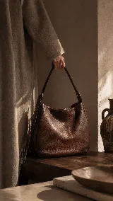 Cartera tipo hobo de cuero premium con textura natural, diseño amplio y minimalista. Cuenta con una correa regulable para llevar al hombro y cierre superior.
