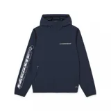 Campera deportiva Lacoste de corte regular, color azul marino, con capucha ajustable, cierre frontal y bolsillos laterales con cierre. Presenta estampado gráfico en la manga derecha y logo de la marca en el pecho y en la parte inferior.