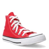 Championes Converse Chuck Taylor All Star de caña alta, color rojo, con cordones blancos, puntera de goma blanca y suela de goma vulcanizada con franja negra.