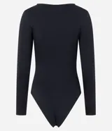 Body de manga larga color negro, con escote en V adornado con detalles de encaje. Presenta un diseño ajustado al cuerpo, confeccionado en una mezcla de algodón y elastano.