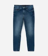 Pantalón de jeans azul de corte skinny, confeccionado con algodón, poliéster y elastano. Presenta un lavado medio con desgaste sutil y cierre tradicional.