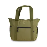 Bolso tipo tote color verde oliva, confeccionado en tejido antidesgarro reciclado. Cuenta con doble asa superior, bolsillo frontal con cierre y compartimentos laterales.