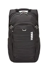 Mochila Thule Construct de 24 litros, color negro con textura lineal. Cuenta con compartimentos dedicados para laptop y tablet, bolsillo frontal expandible, panel de organización interno y bolsillos laterales. Diseño funcional con materiales resistentes al agua y panel posterior respirable.