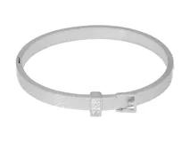 Pulsera esclava de acero inoxidable con textura de malla metálica y cierre central decorado con circonias.
