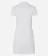 Vestido corto de color blanco hueso, confeccionado en tejido rib de algodón y elastano, con escote cuello polo y manga corta.