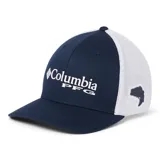 Gorra Columbia PFG Mesh Ball Cap en color azul marino y blanco, con visera curva, parte posterior de malla transpirable y logo de la marca bordado en el frente.