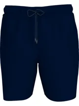 Bañador azul marino de nailon reciclado, con cordón ajustable en la cintura, logo bordado en la parte inferior y parche con logo en la parte trasera.