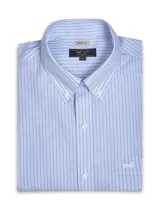 Camisa de manga larga RKF con estampado de rayas verticales finas en tonos azul y blanco. Presenta cuello abotonado, cierre frontal con botones, bolsillo en el pecho con logo bordado y corte regular fit.
