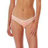 Bikini bottom Rip Curl Premium Surf a rayas horizontales color durazno y blanco, con ribete blanco.