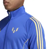 Campera deportiva Adidas Pitch 2 Street Messi, color azul con detalles dorados y blancos. Cuenta con cierre frontal, cuello alto, bolsillos con cremallera y logo de Messi en el pecho.