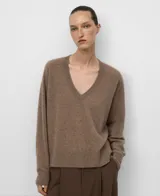 Jersey de punto de cashmere para mujer, color marrón topo, con cuello pico y manga raglán.