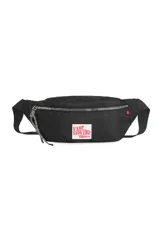 Riñonera negra con estampado frontal con la frase "Keep Moving! Trendy" en letras rosas. Tiene un bolsillo principal con cierre y tira regulable.