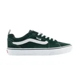 Championes urbanos Vans Filmore de lona y gamuza verde oscuro, con la clásica franja lateral Sidestripe en blanco, cordones blancos y suela de goma blanca con banda negra.
