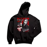Canguro negro con capucha y bolsillo frontal tipo canguro. Presenta un estampado gráfico en el frente inspirado en la película Scream, con el personaje Ghostface, un cuchillo y frases icónicas del film en tonos rojos y blancos.