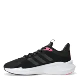 Championes deportivos Adidas modelo Alphaedge, color negro con detalles en fucsia y suela blanca. Presentan el diseño clásico de las tres tiras laterales, cierre por cordones y una estructura de malla técnica con refuerzos sintéticos.