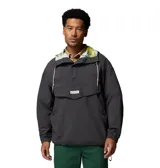 Campera cortaviento Columbia modelo Acker Rock Windbreak, de color gris oscuro, con capucha ajustable con interior estampado, cierre frontal parcial con botones y bolsillo tipo canguro con solapa. Incluye tecnología Omni-Shield y Omni-Shade.