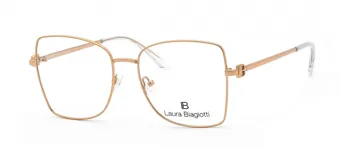 Anteojos de receta Laura Biagiotti con armazón metálico de color dorado y forma cuadrada. Presentan un diseño minimalista con patillas finas y terminales transparentes.