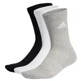 Pack de tres pares de medias de caña media Adidas, confeccionadas en tejido suave y elástico. Incluye un par negro, un par blanco y un par gris melange, todos con el logo de la marca bordado en la parte superior.