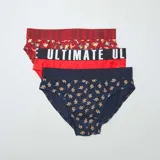 Pack de tres slips para hombre con cintura elástica con logo. Incluye un slip bordó con estampado de botellas y llamas, un slip rojo liso y un slip azul marino con estampado de porciones de pizza.