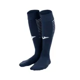 Medias de fútbol azul marino con detalles de líneas horizontales y logo de la marca en blanco.