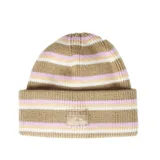 Gorro de lana tejido a rayas horizontales color beige, blanco y lila, con etiqueta con logo de la marca Rusty en el frente.